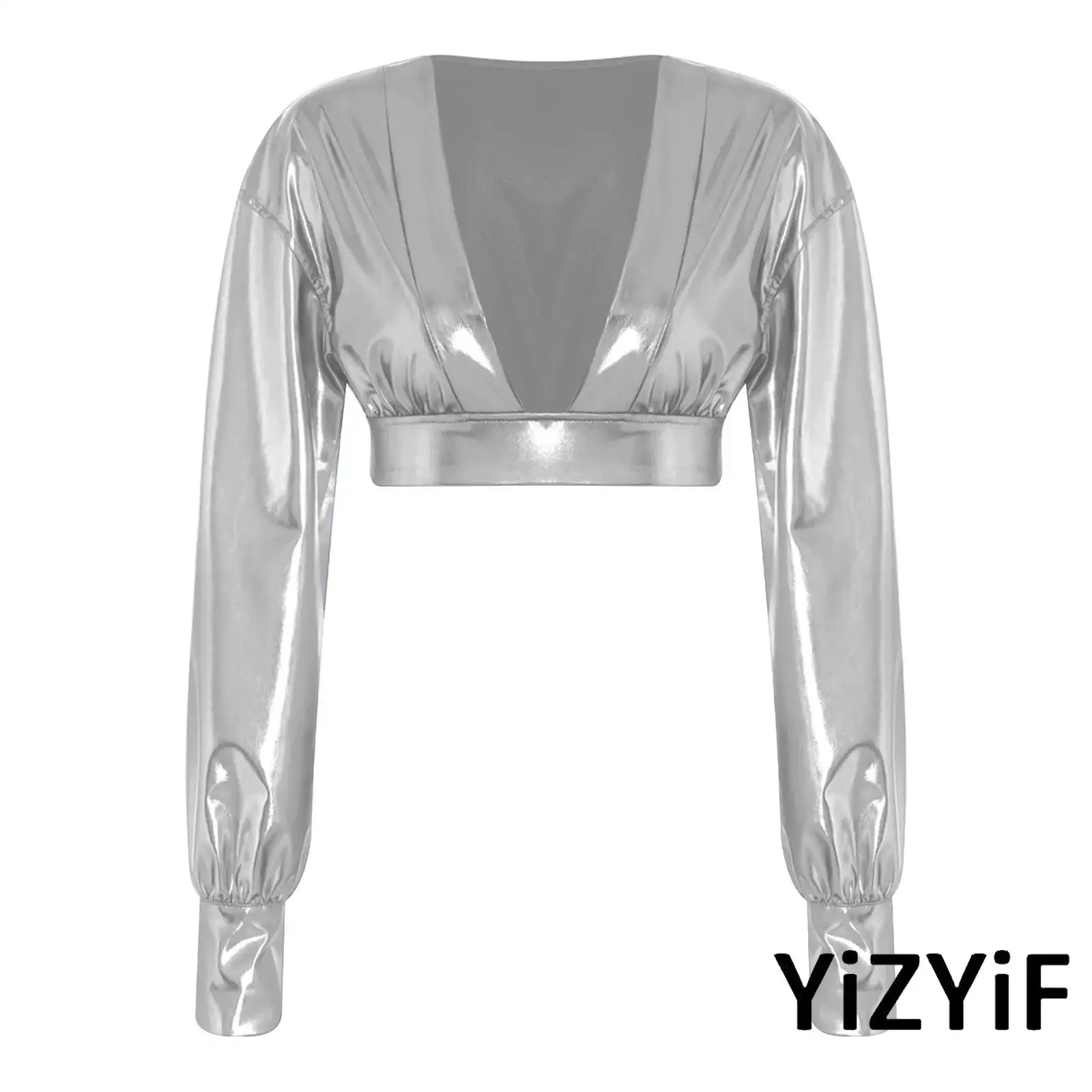 

Deep V Neck Balloon Sleeve Crop Top for Women Jazz Street Dance Costume Metallic Shiny Buttoned Cuffs Hip Hop Blouse Top