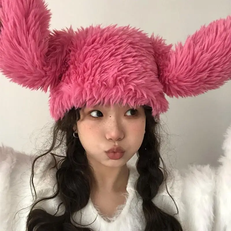 Cute Rabbit Women Plush Beanie Sweet Girl Ear Protection Hat Winter Thicken Warm Headgear Bonnet Korean Lamb Fleece Pullover Cap