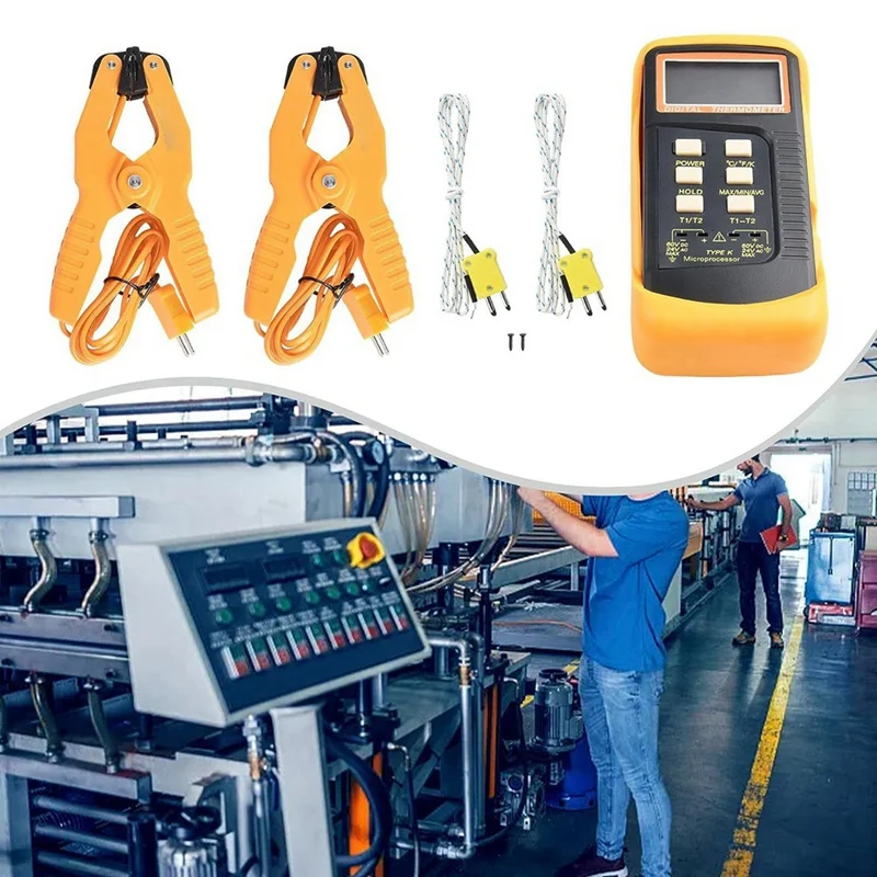 Termometer Sensor tipe K, pengukur suhu Digital 2 penjepit pipa termometer dan 2 probe Sensor