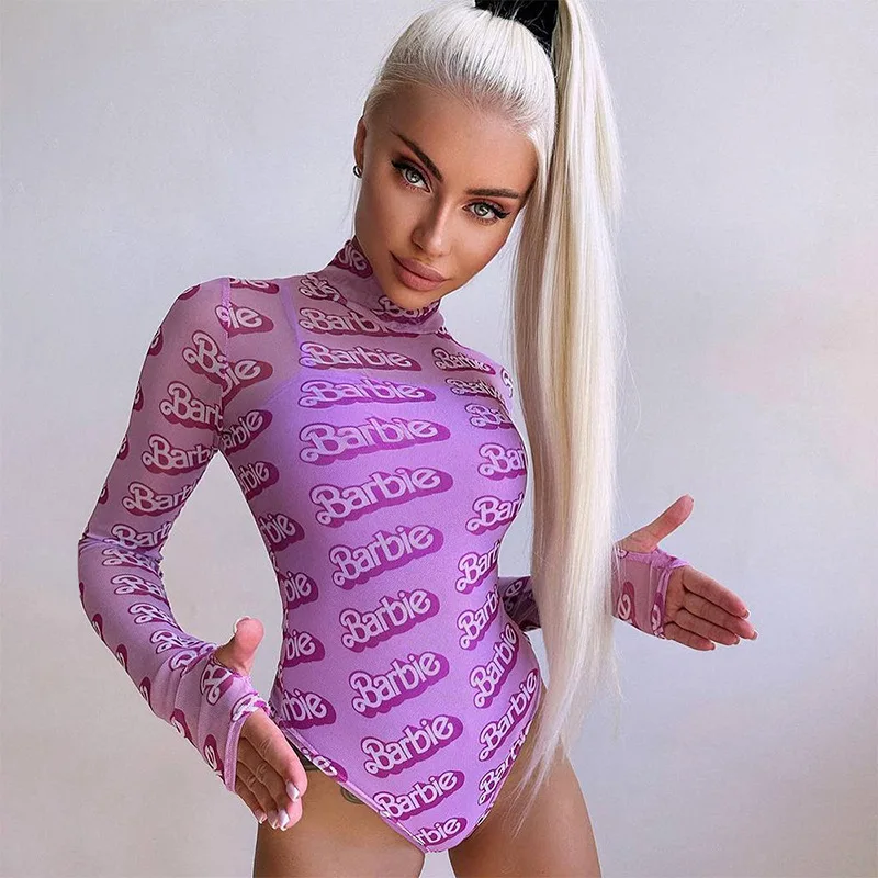 Bodysuit Mesh Baddie outfit Fashion Clothing bodys woman trend 2024 Thin Long Sleeve One Pieces Streetwear pink Printed Romper