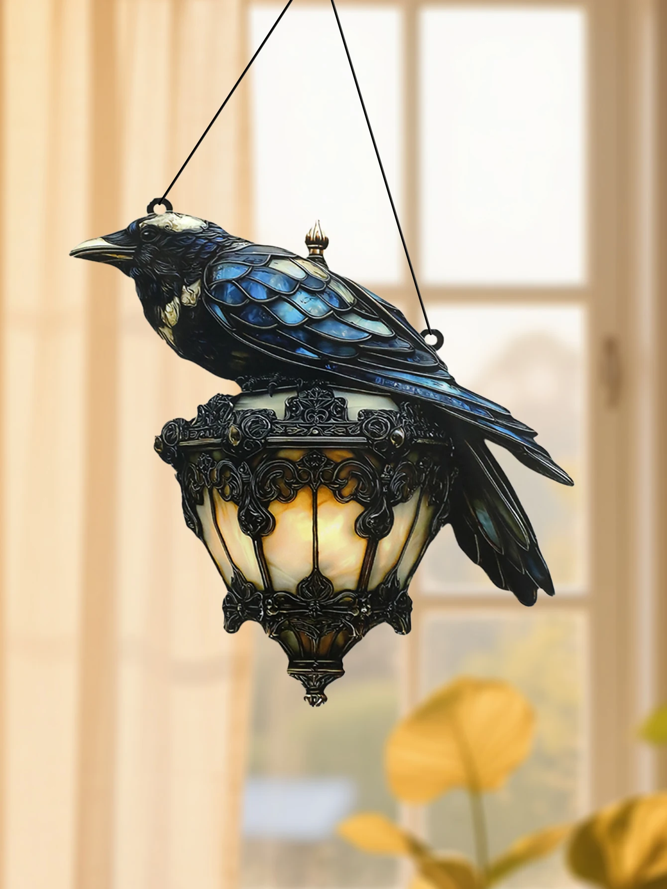 Acrylic Raven & Lantern Hanging Decor Halloween Themed Bird Shape Window Ornaments Art Wall & Window Pendant for Home & Party