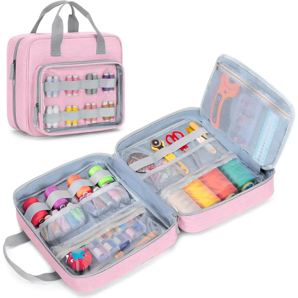 

Sewing Storage Organizer with Folio Open Design, Sewing Organizer Bag with Versatile Pockets for Sewing Kits, Pink