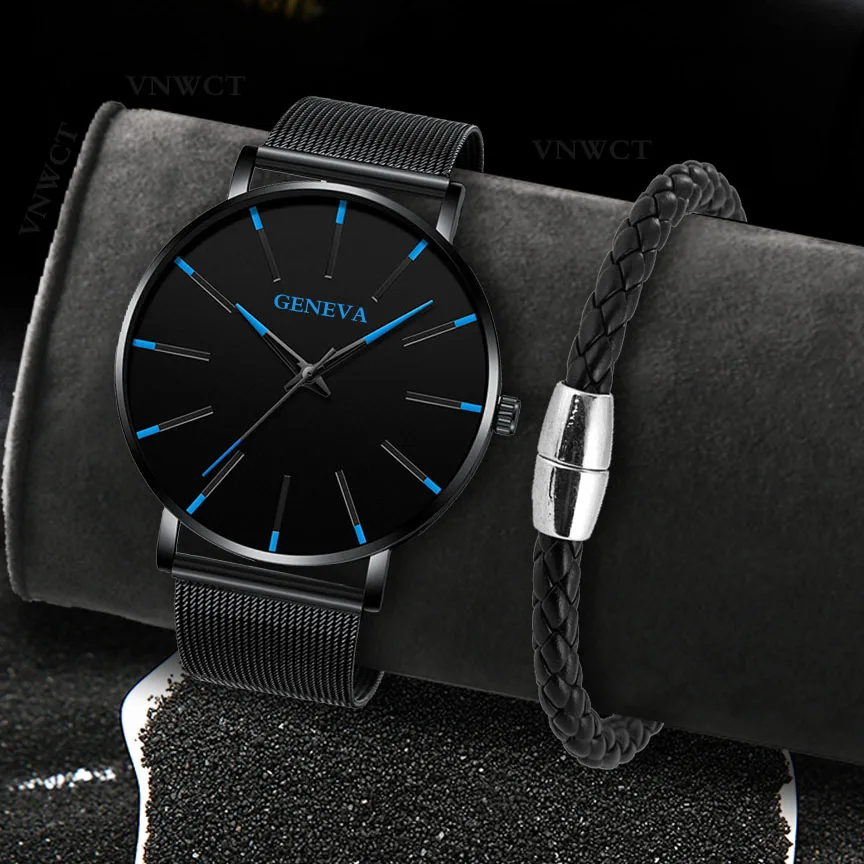 Relojes de pulsera para hombre, ultradelgado reloj de cuarzo, informal, Delgado, de malla de acero, resistente al agua, deportivo, negro, Masculino, nuevo, en stock