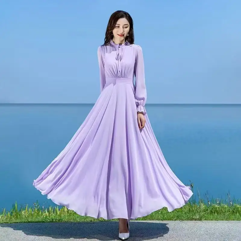 Women Chiffon Dress 2025 New Summer Fashion Long Sleeve Large Hem Tight Waist Banquet Dresses Beach Robe Party Prom Dresses