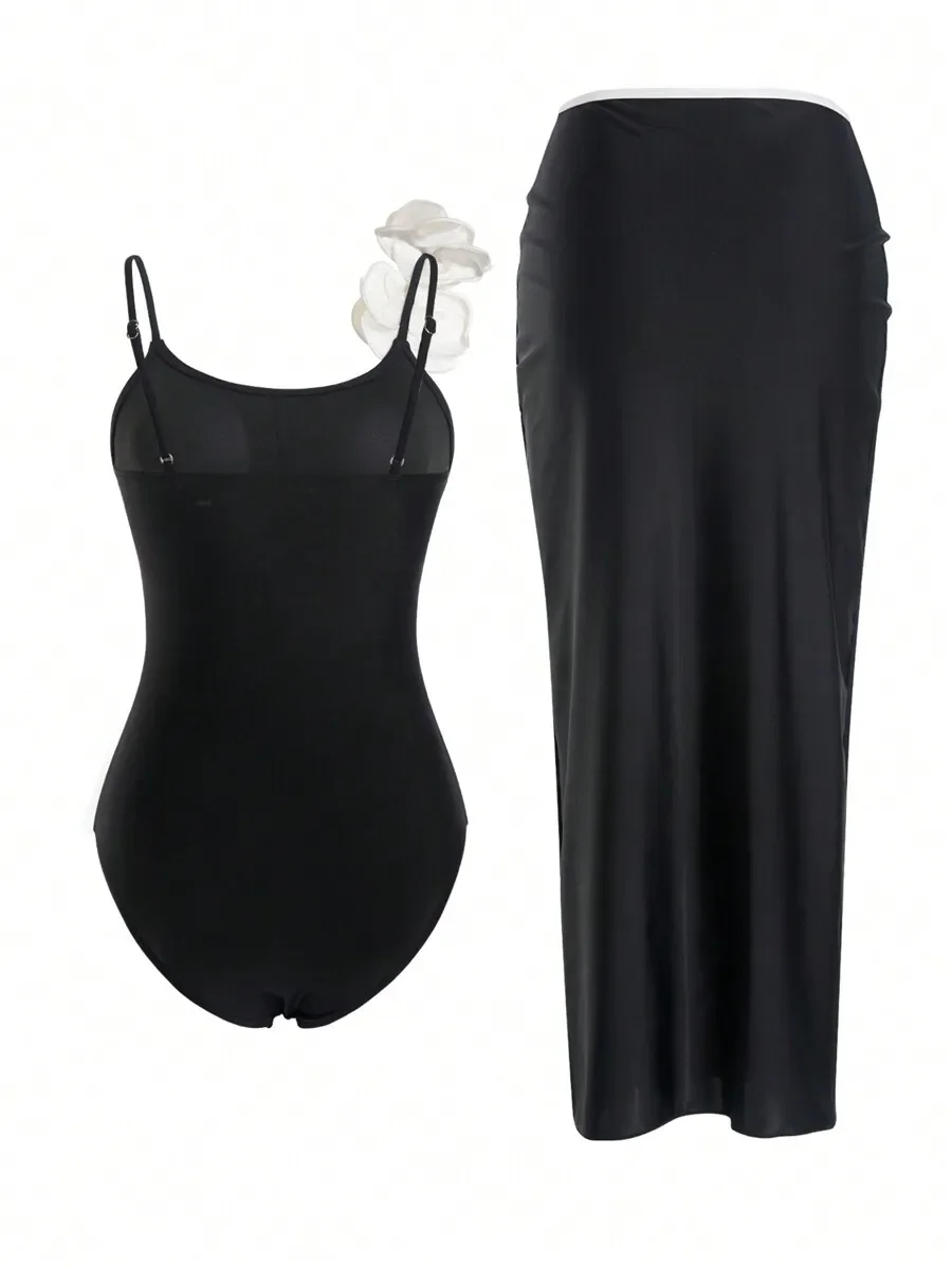 

Women Solid Color One Piece Swimsuit With Skirt Summer Beach Wear