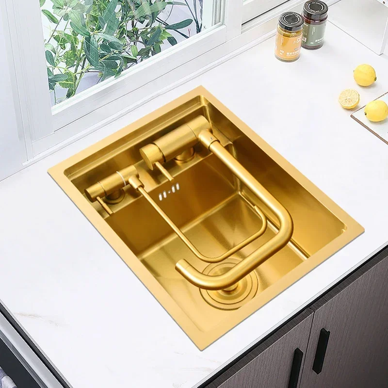 

304 Stainless Steel Gold Nano Handmade kitchen Bar Counter Sink Cover hidden Single Kitchen Sink Small Size Kitchen Sinks