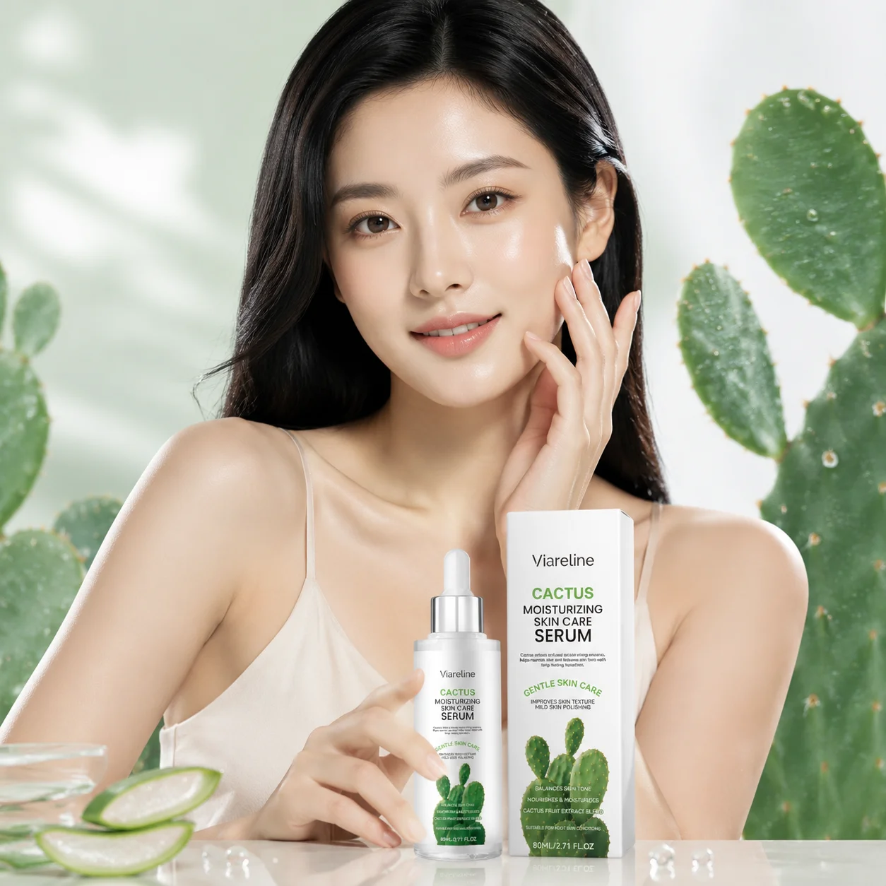 Viareline Cactus Moisturizing Serum Hyaluronic Acid Smooth Skin Barrier Repair Improve Texture Deep Hydration Face Serum 80ml