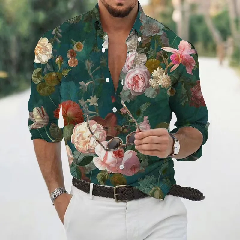 Herren lässig Hawaii Langarm Blumen hemd übergroße soziale Vintage Luxus Urlaub Freizeit Muster Mode glatte Kleidung