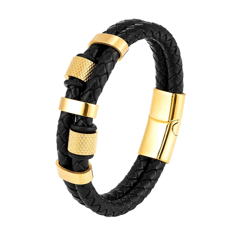 

Fashion Stainless Steel Mens Jewelry Pvd Gold Plated Genuine Leather Multi-Layer Woven Bracelet