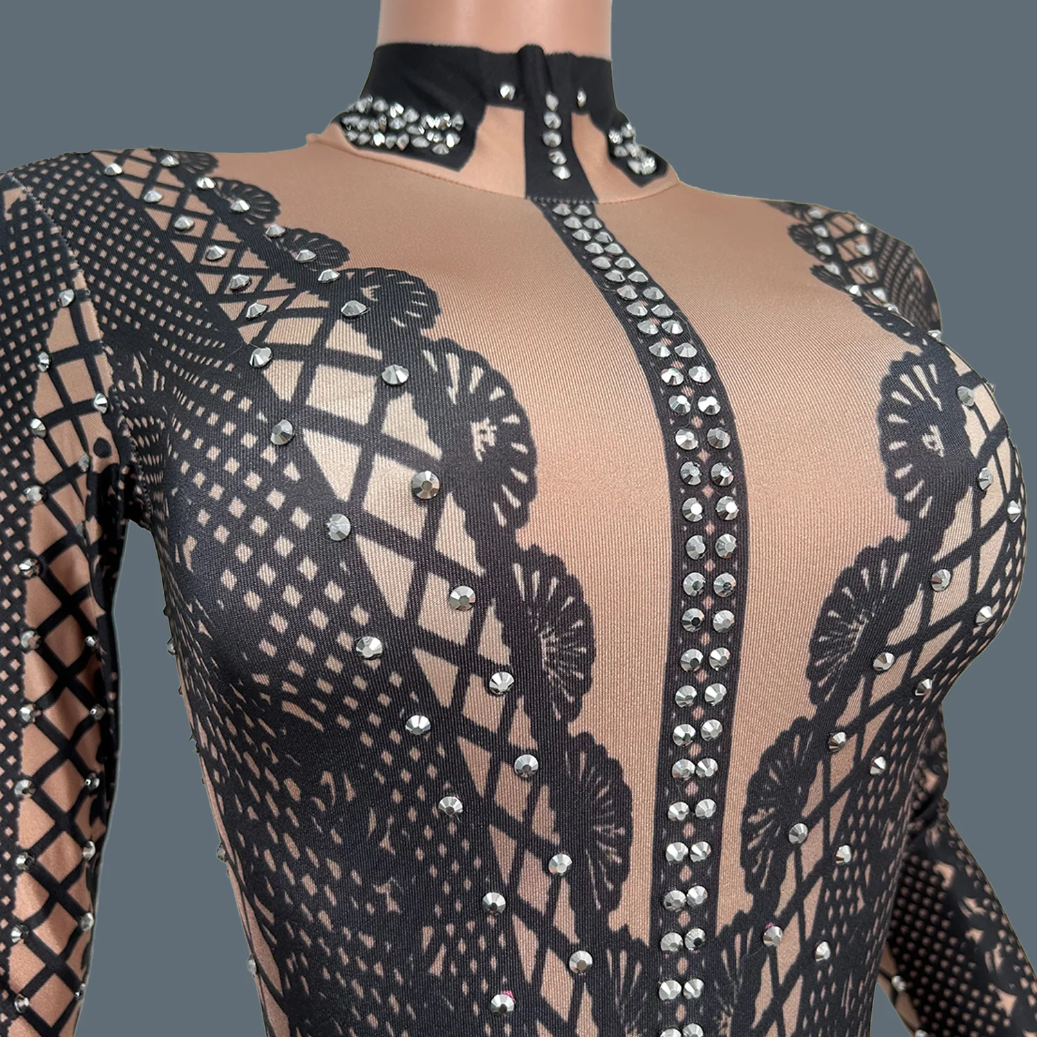 الطباعة السوداء حجر الراين دنة ضيقة بذلة سيدة ملهى ليلي سحب الملكة أداء ارتداء الرقص تظهر مثير الزي Lianti