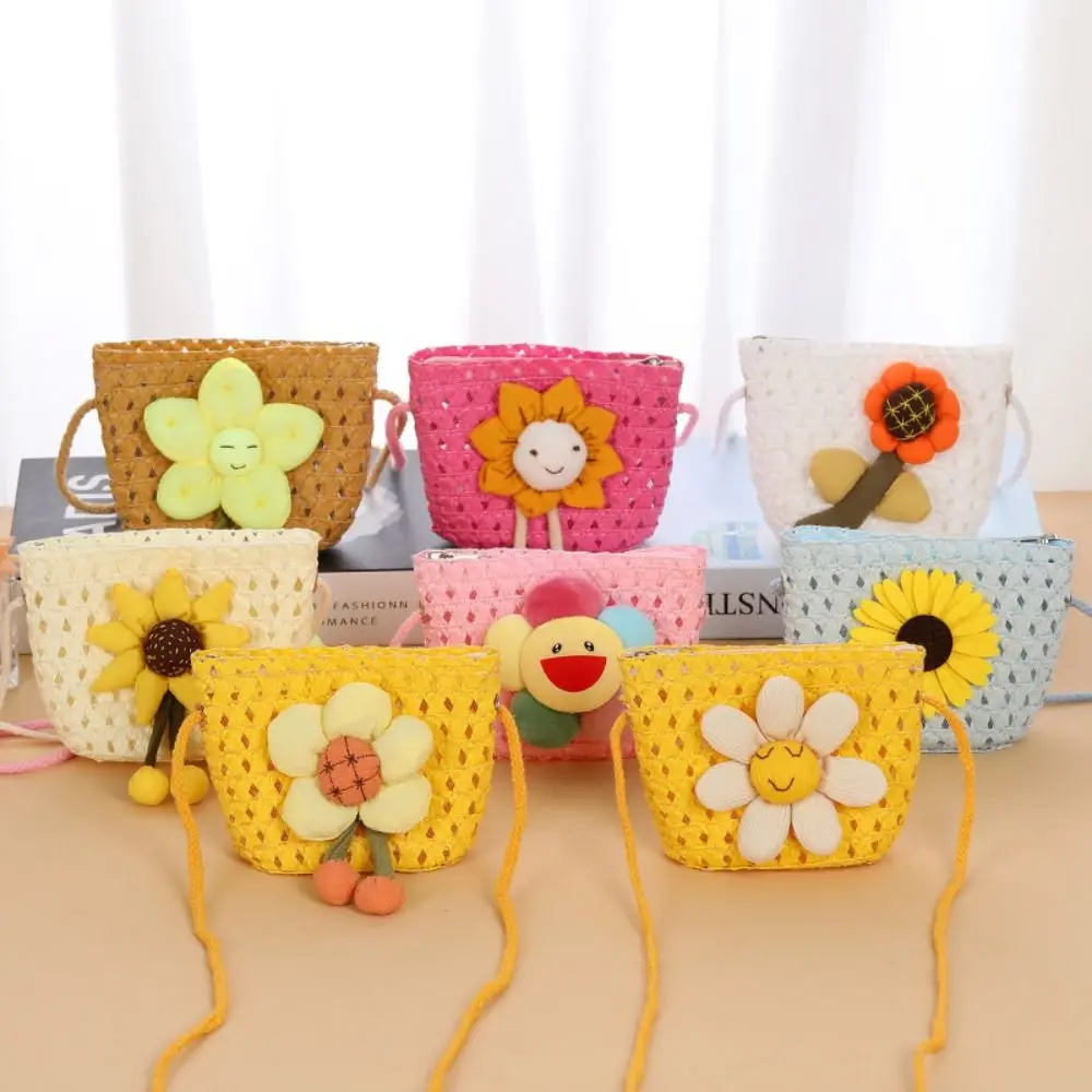 Straw Straw Shoulder Bags Cute Flower Handbags Crossbody Bag Kids Girls