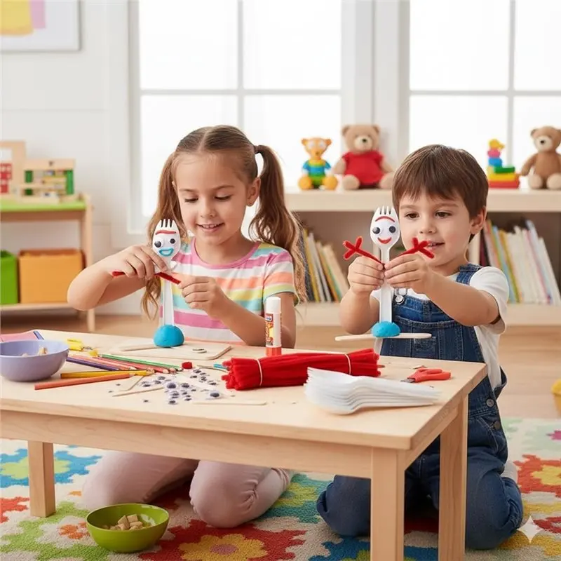 DIY Fork Set, Air Dry Clay Plastic Sporks Red Pipe Cleaners Clever Eyes Ice Cream Stick, Puzzle - Make Your Own Forky