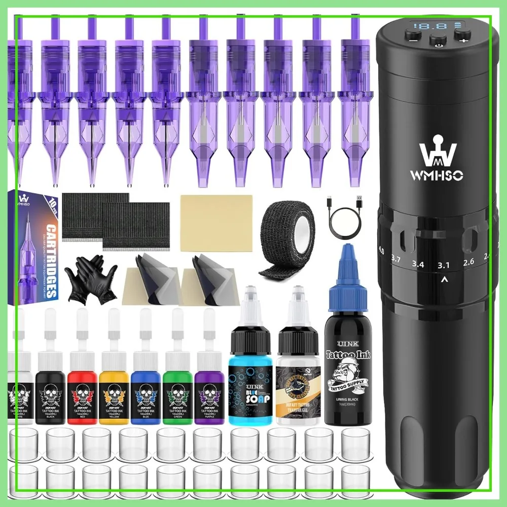 

Wireless Tattoo Pen Kit for Beginners - Complete Set with 1500mAh Battery, Practice Skin, Cartridges & Inks