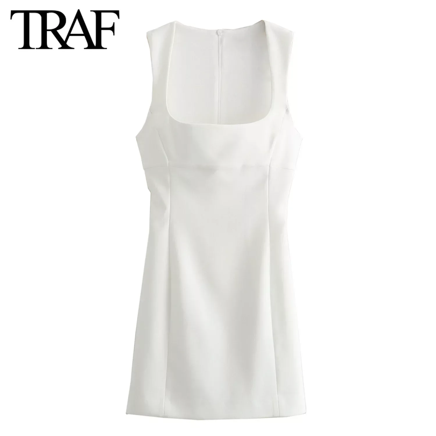 TRAF Fashion Clothing Sleeveless Back Zip Square Collar White Dress for Women Summer New French Chic Female Birthday Evening