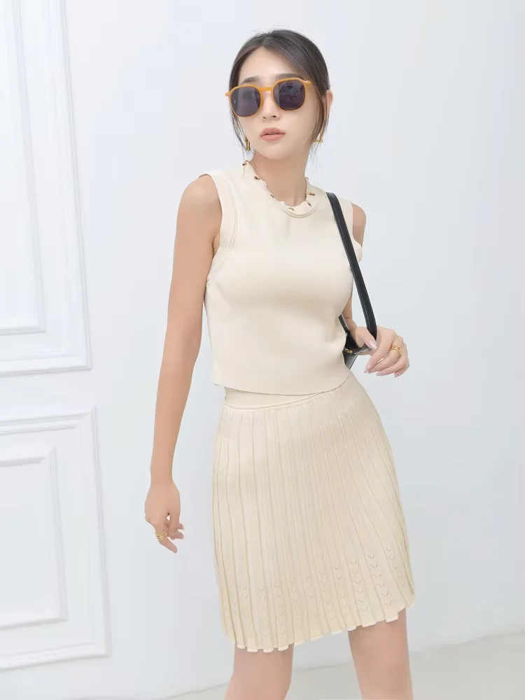 CHUJIE 2025 Frühherbst-Strick-3-teiliges Set – Mantel mit Umlegekragen und Metallring + ärmellose Weste und Minirock, schmale Passform