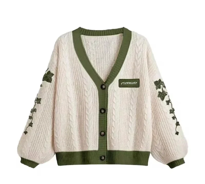 Cardigan Taylor Version Green Vine Embroidered Button Down Cable Knit Sweater Women Fall Winter Vintage Y2k Outfit