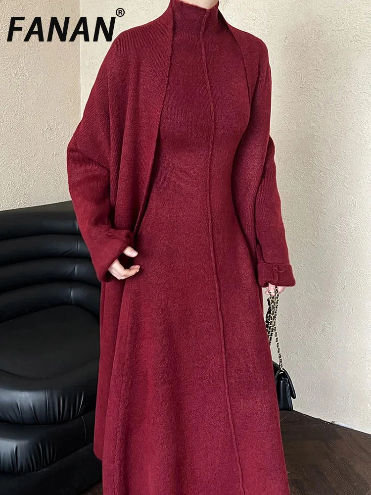 

FANAN Elegant 2 Piece Set For Women Turtleneck Knit Sleeveless Dress Long Sleeve Cardigan Coats Warm 2025 Spring New Clothes