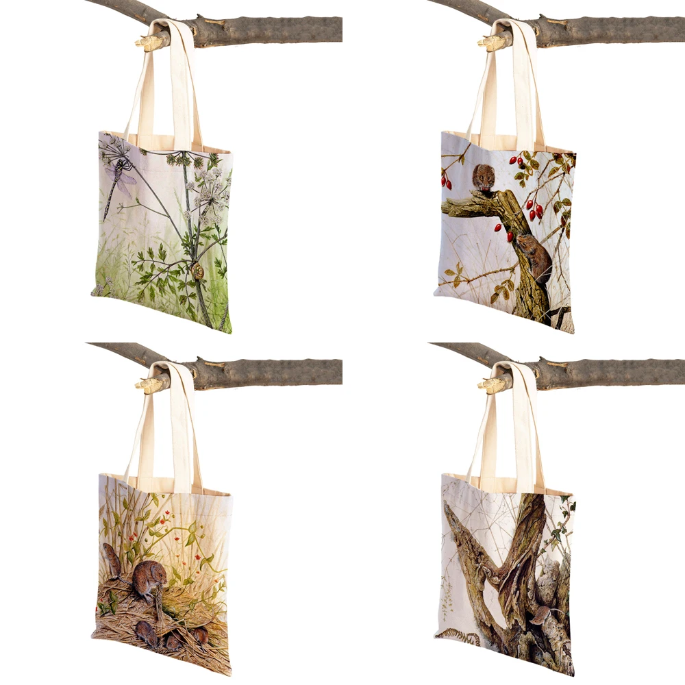 Watercolor Women Shopping Bag Fox Bird Squirrel Print Both Sided Reusable Canvas Cartoon Animal Casual Tote Shoulder Handbag