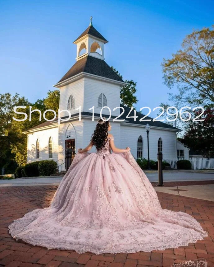 Rose Pink Chapel Train Quinceanera Dresses Gillter Sequins Applique Off Shoulder Corset Prom vestido debutantes 15 anos