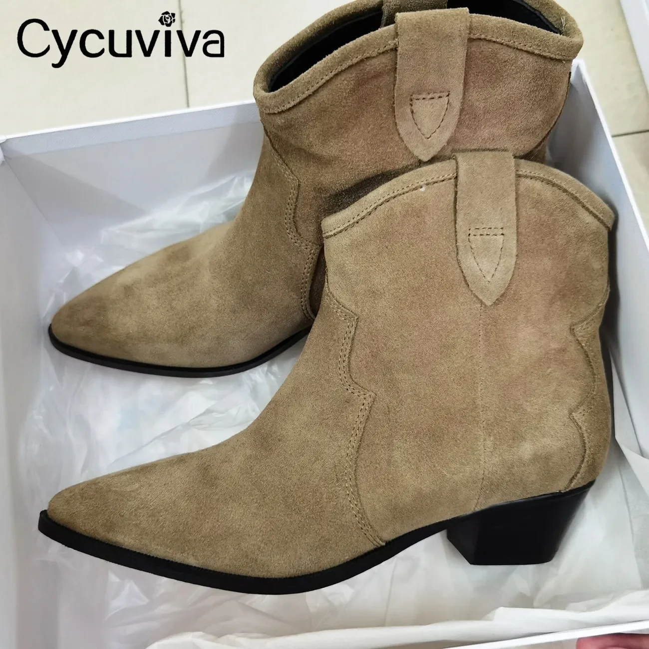 Genuine Leather Suede Ankle Boots For Women Khaki Solid Chunky Heels Short Boots Slip On Classic Chelsea Boots Botas Femininas