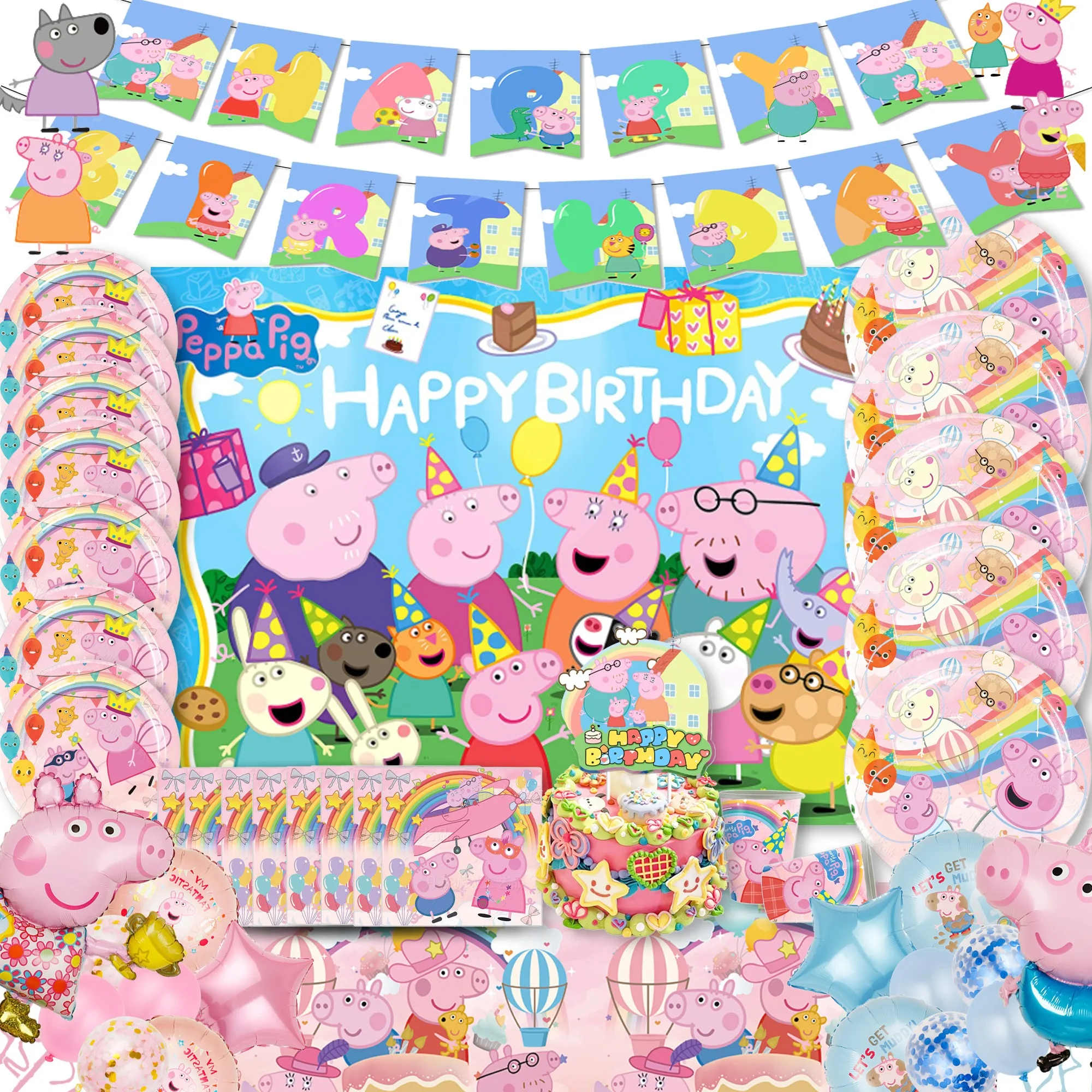 Cute Peppa Pig family Birthday Party cutlery plate Disposable Banner Peppa Topper Hanging Flag Balloons Cake shop Decoration