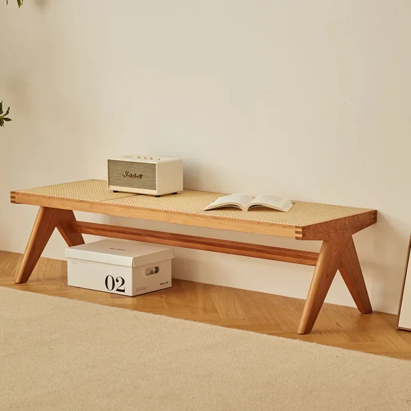 Oak rattan bench, solid wood bench, Japanese cherry wood bed and breakfast shoes
