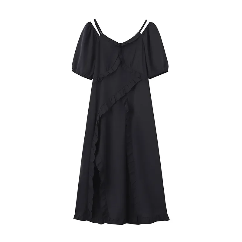 Vestido de verano de talla grande para mujer, manga corta, suelto, negro, con volantes, largo, elegante, XL-7XL