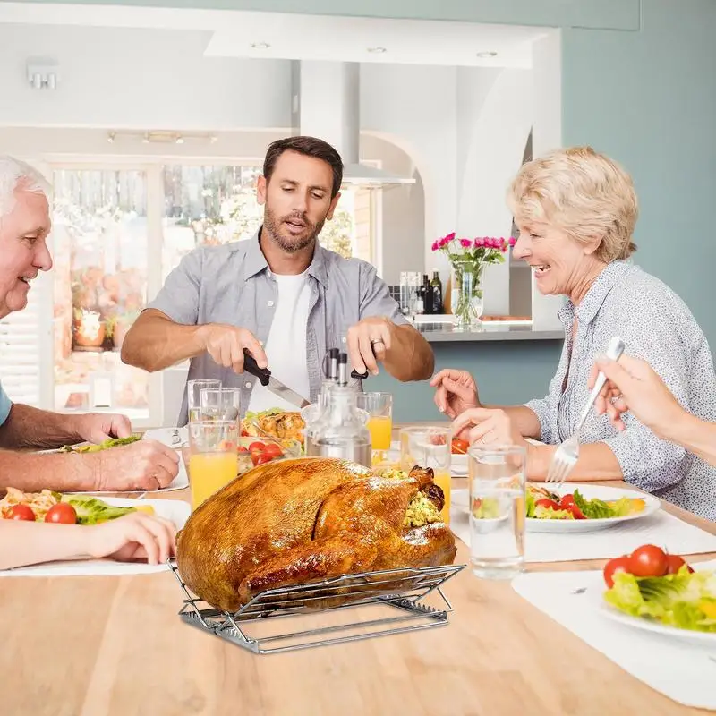 Rejilla para asar pavo, bandeja ajustable en forma de V para pavo, rejilla para asar de acero inoxidable, soporte para pavo, utensilios de cocina para hornear