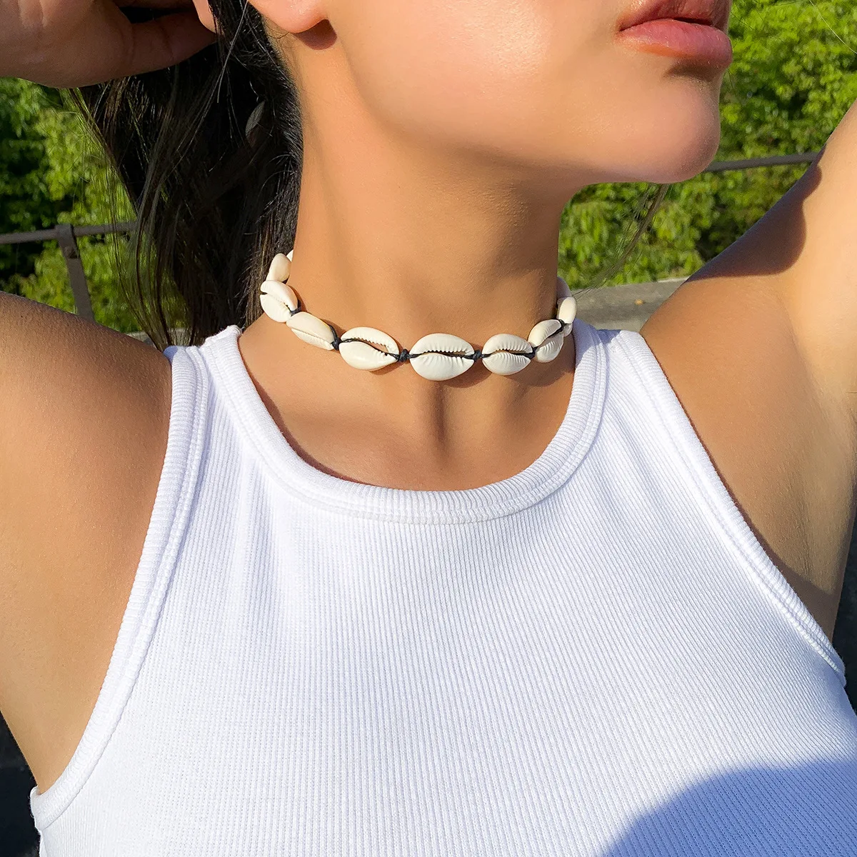 Shell Woven Choker Necklace with Geometric Irregular Pendant Beach Style Summer Gift for Women Eco Friendly Natural