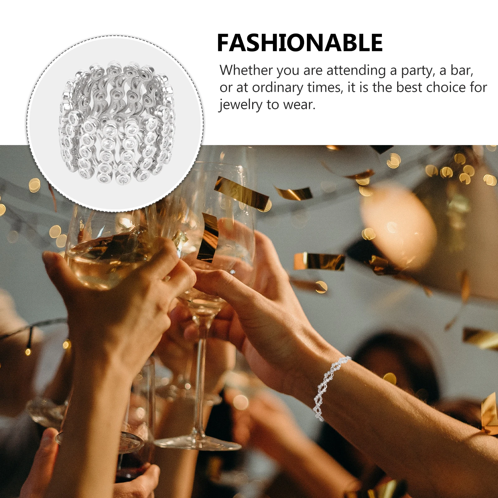 

1pc Deformable Ring Women 2 Bracelet 1 Stretchable Finger Ring Bracelet Rhinestone Inlaid Hand Jewelry Silver