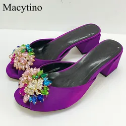 Gem Decoration Flower Design Ladies High Heel Slippers Round Toe Chunky Heel Low Heel Slippers Fashion Party Slippers