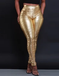 Skinny Women's Pu Pants 2023 Autumn High Waist Ruched Metallic Pants Bar Sexy Reflective Tight Butt Lifting Pants Pencil Pants