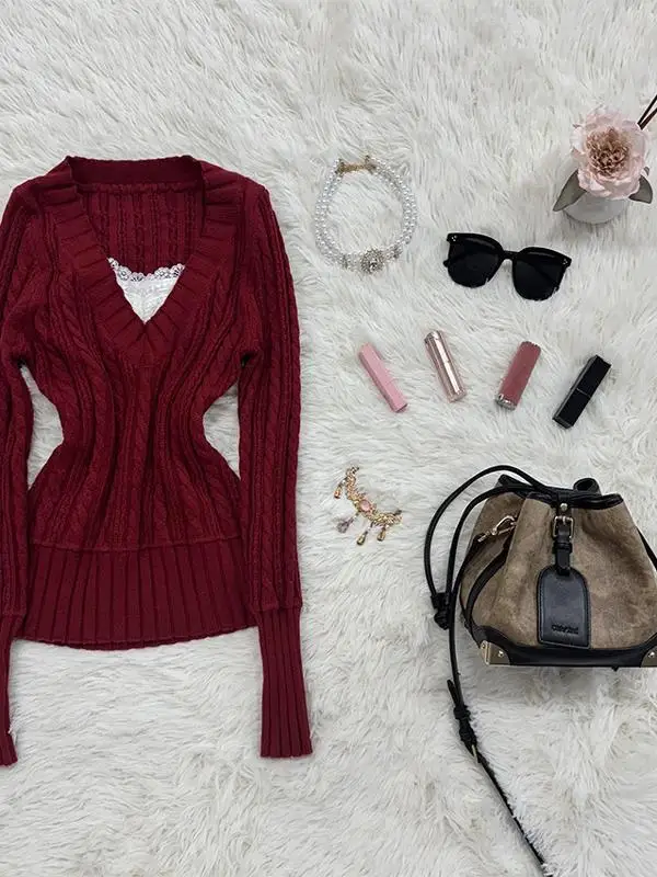 

Оригинальный винтажный приталенный красный вязаный свитер, женский дизайн Ele, хлопковый длинный свеч V-Ne, цвет обычной длины