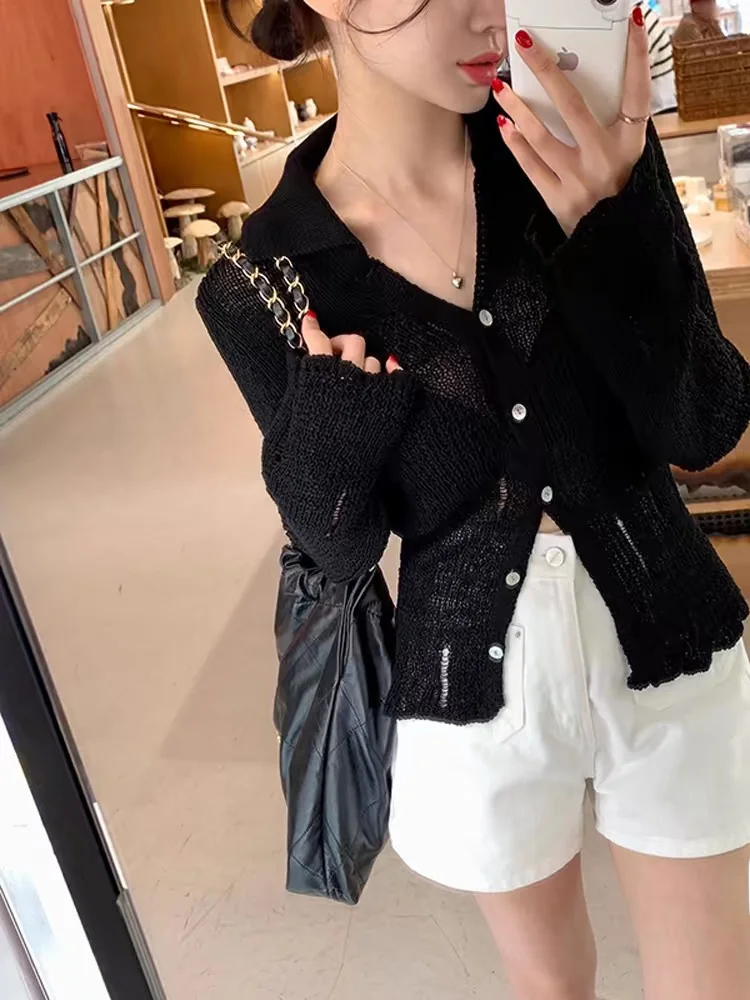 

Slim Fit Knitted Cardigan Women's Faion Hole Design Turn-down Collar Button-up Outerwear Thin Sle V-ne Long Sve Coat