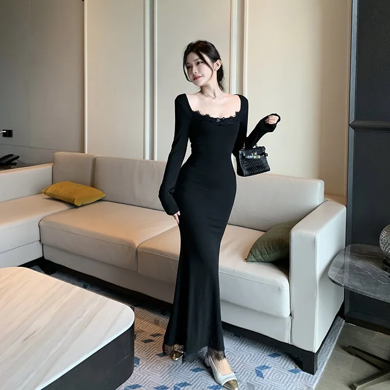 

Черное кружевное платье с длинными рукавами и силуэтом «рыбий хвост» для женщин, сексуальное длинное платье для косплея, с эффектом похудения, с завышенной талией, из полиэстера и нейлонового композитного волокна