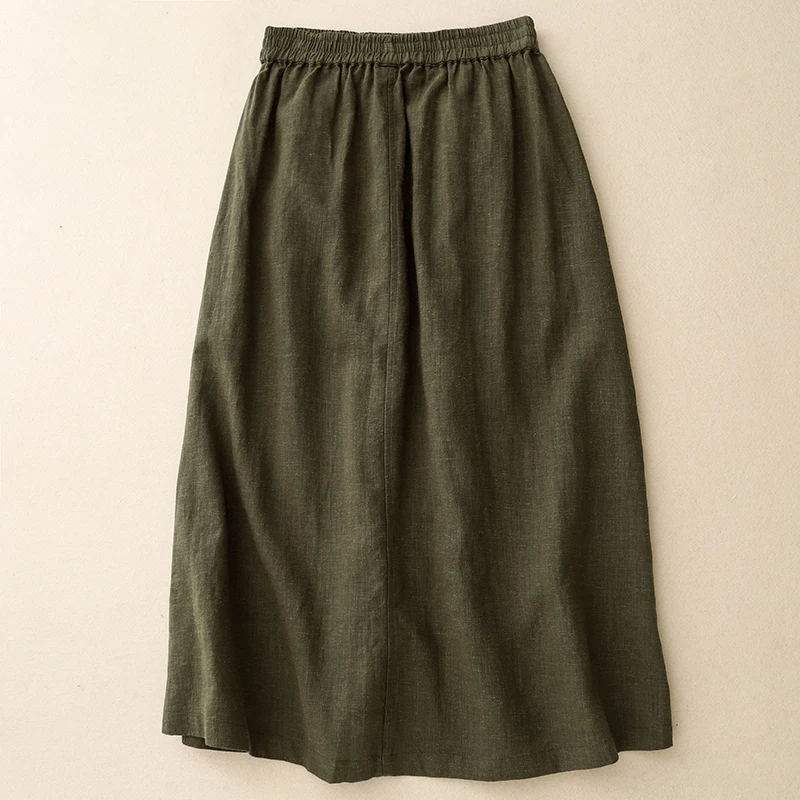 Spring Summer New Cotton Linen Women's Skirt Vintage Simple Original Design Slimming Midi Skirt Artistic Green Color