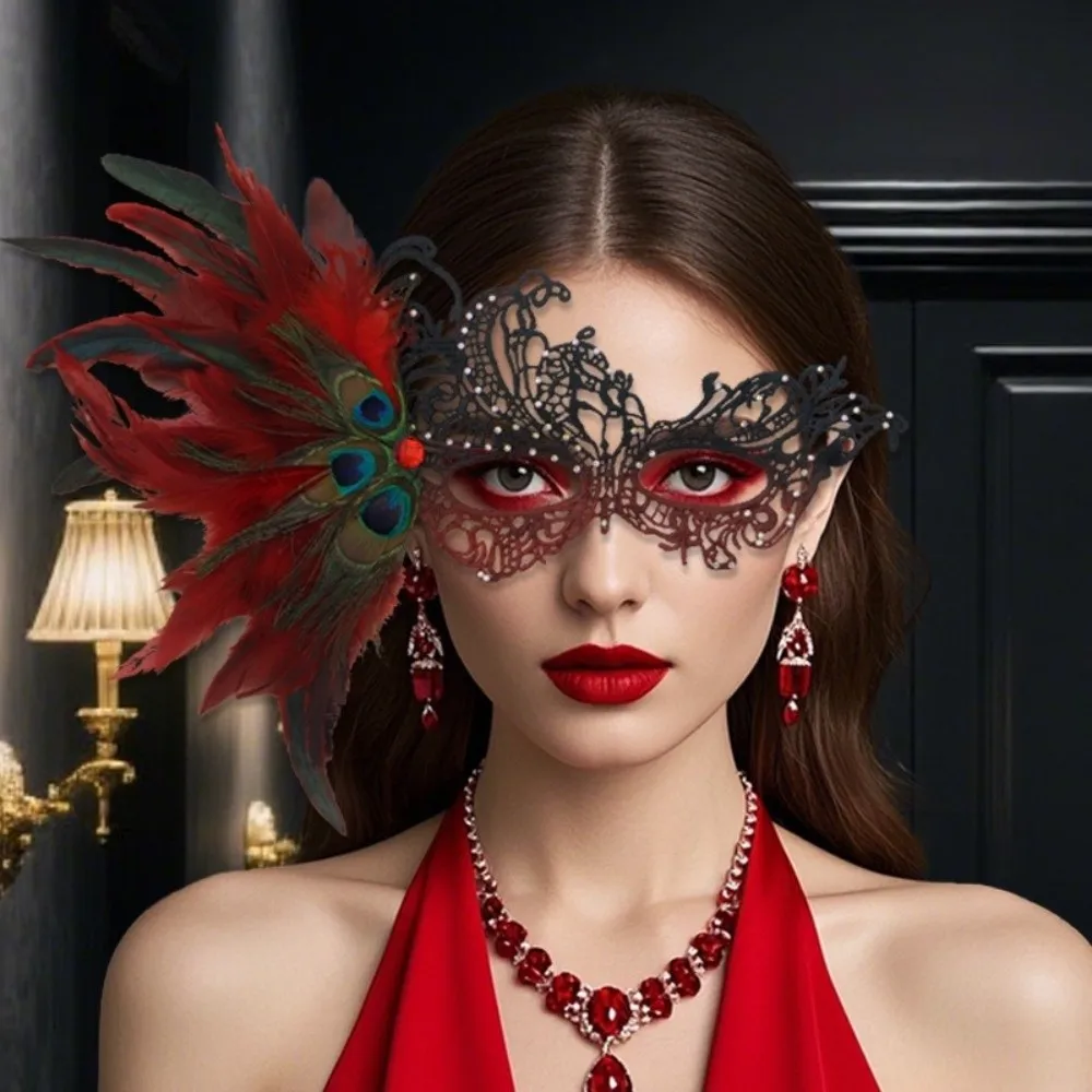 Rhinestone Half-Face Lace Mask Multicolor Cosplay Feather Mask Seductive Style Masquerade Halloween Festival Party Mask