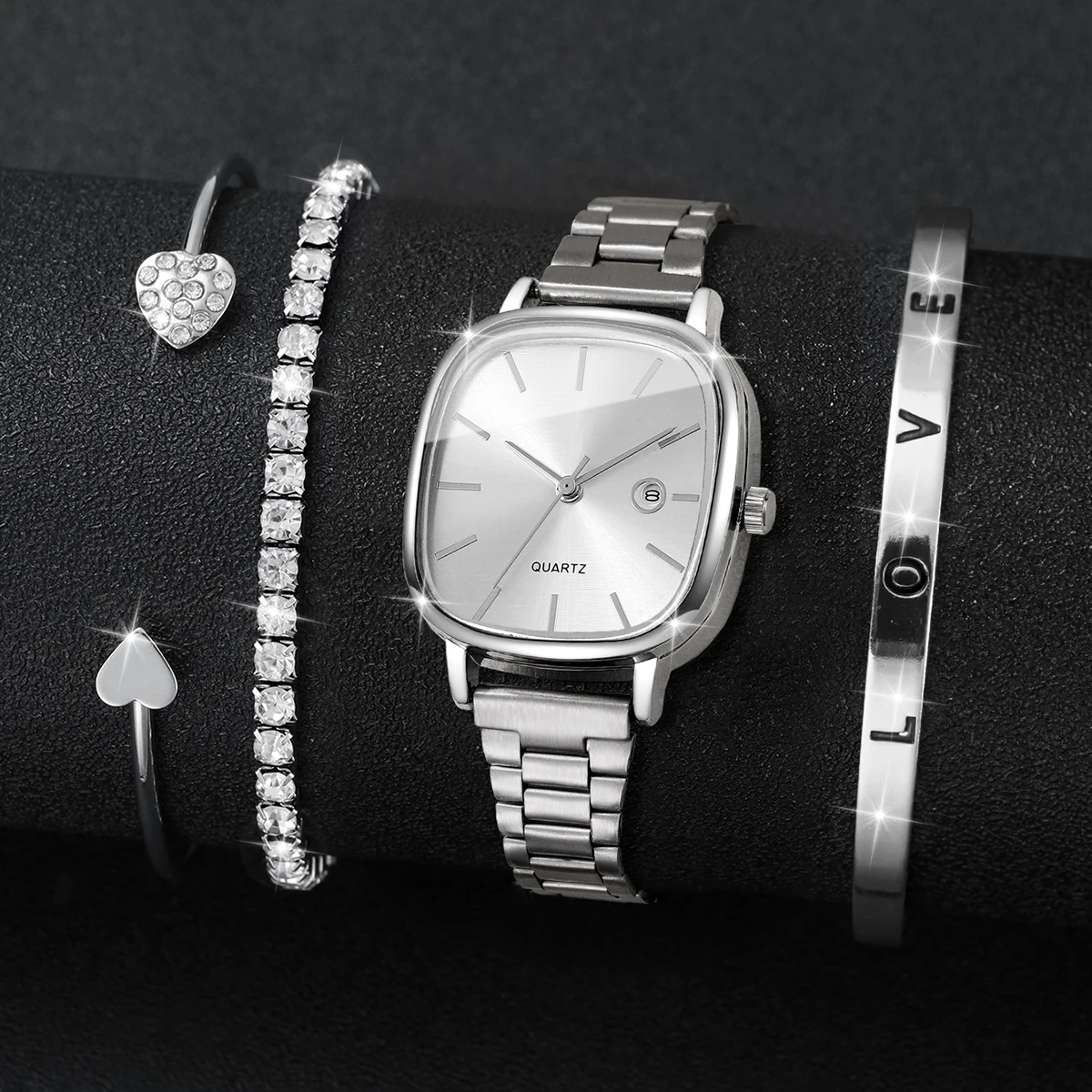 4 unids/set reloj de regalo para mujer conjunto de pulsera cuadrado escala Simple calendario Dial elegante exquisito reloj de cuarzo de moda (sin caja)