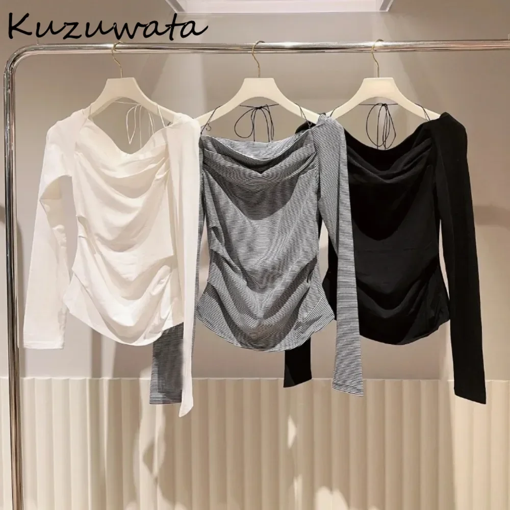 Kuzuwata Elegant Casual Slash Neck Long Sleeve Stripe Tops Off Shoulder Ruched Irregular Mujer Japan Lace Up Gentle Women Shirts