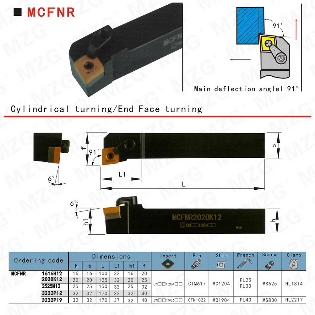 MZG MCFNR MCFNL MCFNR2020K12 MCFNR2525M12 MCFNR3232 External Turning Tool Holder CNMG Carbide Inserts MCFNR/L Lathe Cutting Tool