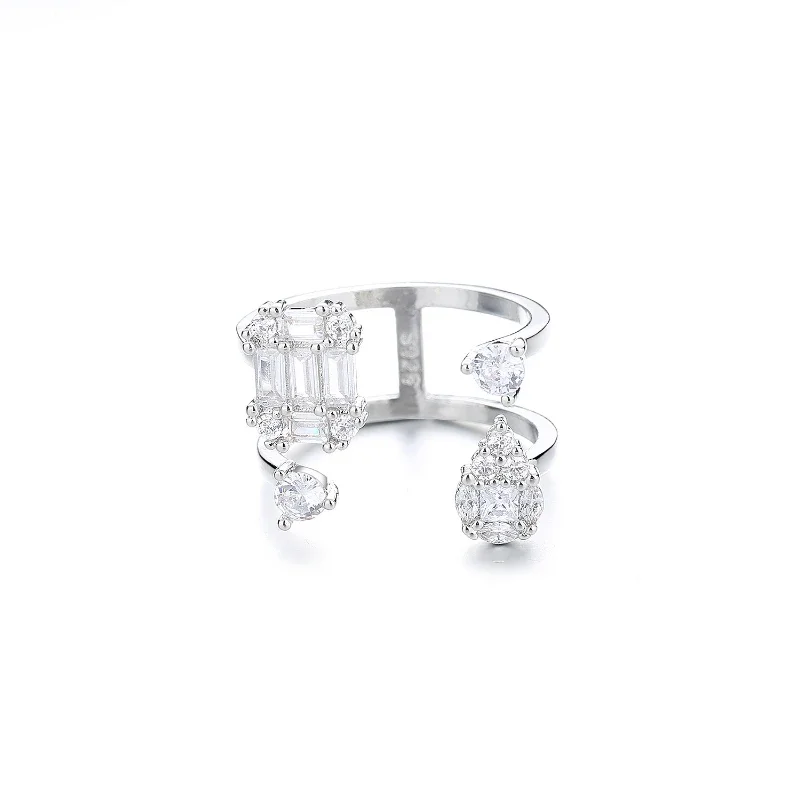 Elviragirl Personality Double Opening Ring Delicate High Quality Shiny Crystal Ring Exaggerated Popular Design Women Jewelry