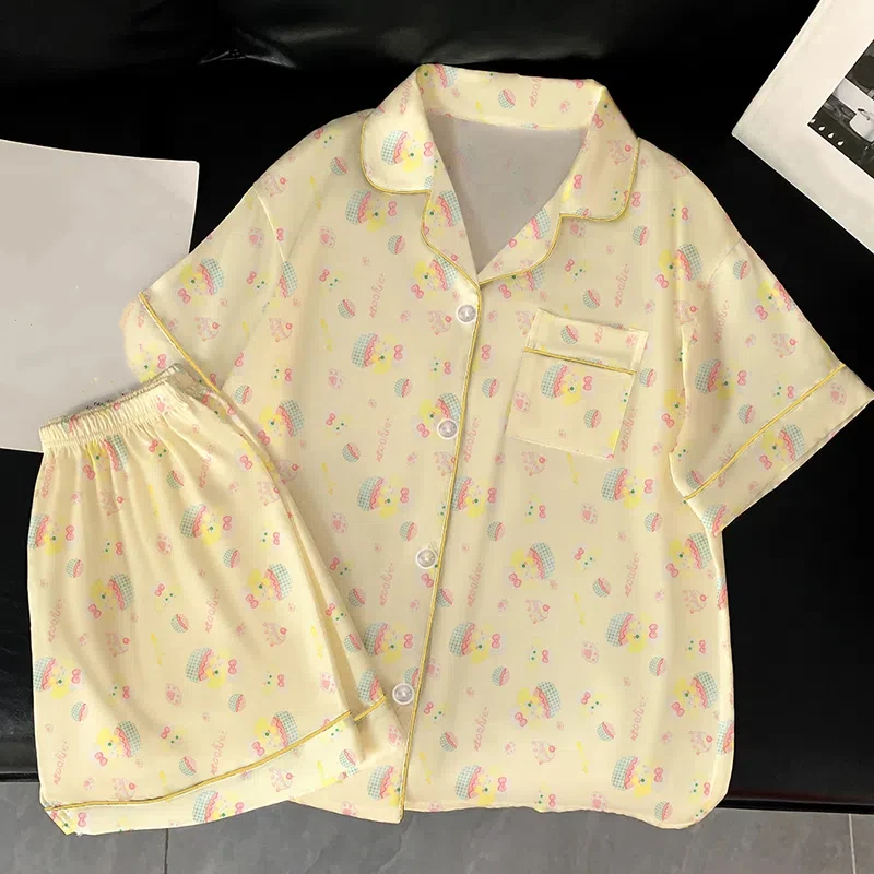 بيجامة نسائية طقم بيجامة كاجوال مطبوع لطيف وأكمام قصيرة وأزرار وطية صدر السترة بلوزات وسراويل مريحة ملابس نوم صيفية مريحة