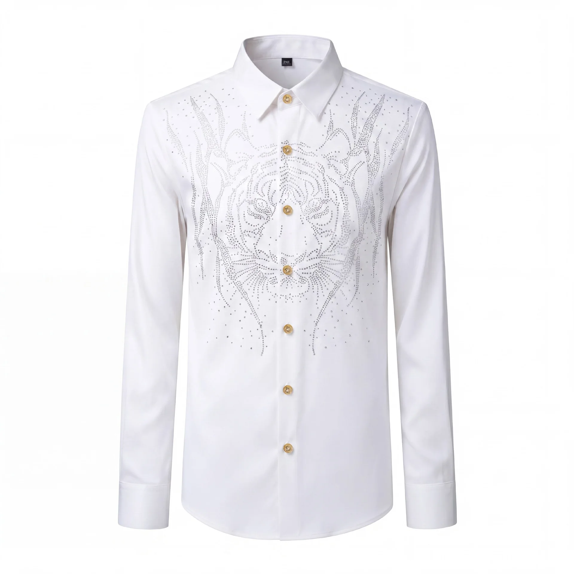 Brand Tiger Rhinestone Long Sleeved Shirt for Men Solid Color Versatile Casual Business Formal Shirts Party Nightclub Social Top