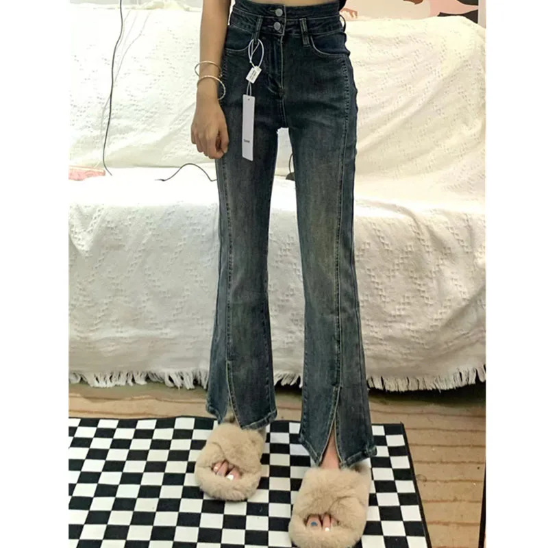 Retro American Washed Slim Fit High Waist Jeans Women's High Waist Stretchy Micro Flared Nine Point Split Pants