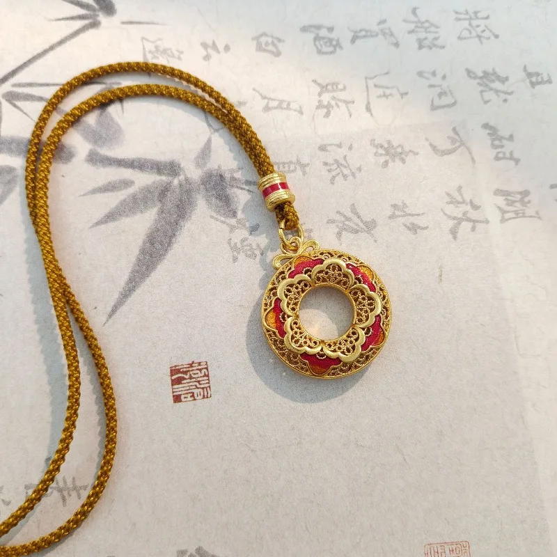 Modern Chinese Style Traditional Craft Sand Gold Blossoming Prosperity Pendant Openwork Enamel Pi Disc Adjustable Necklace Gift