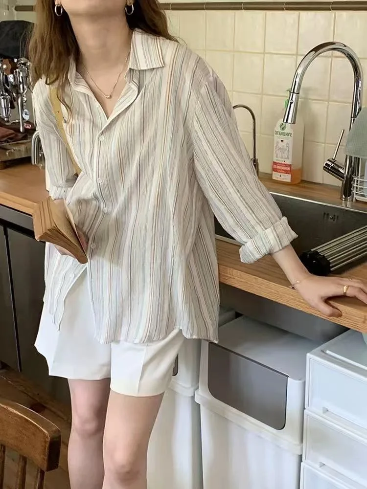 

Vintage Striped Shirts Women Korean Fashion Long Sleeve Blouse Summer Casual Loose Button Up Shirt Oversize Female Tops New