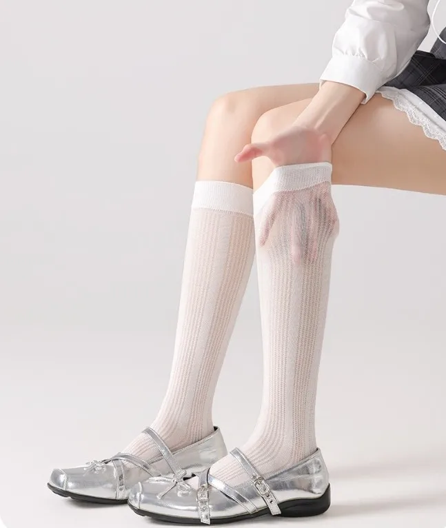 Chic Women Mulberry Silk Lyocell Mesh Socks, Stacked Mid-Calf Hosiery For Summer Girls Thin Breathable Solid Japanese JK
