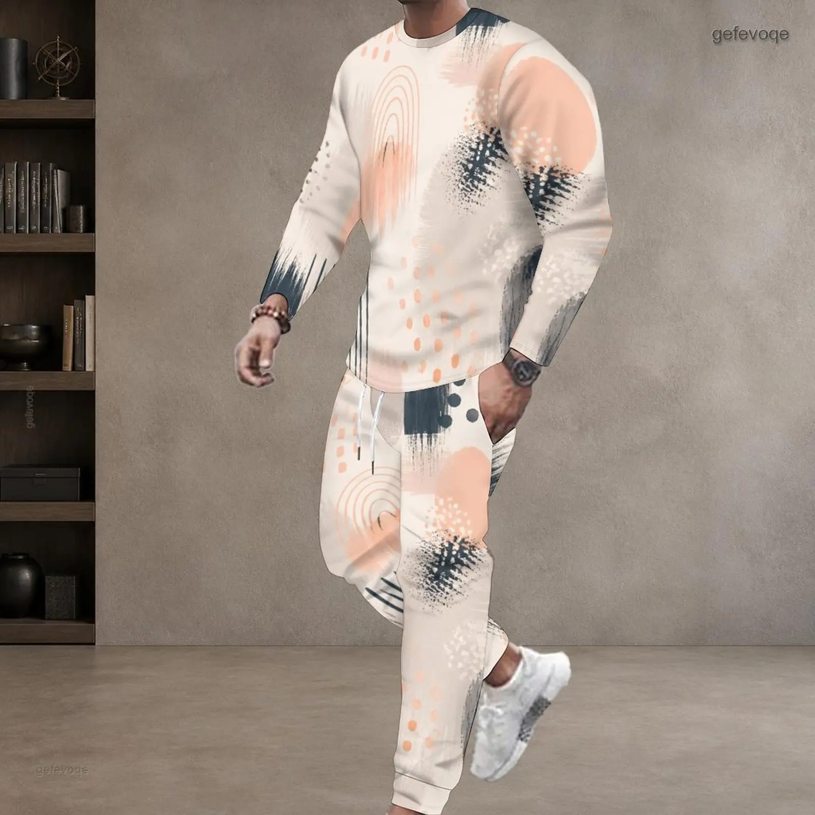 Men Abstract Brush Print Round Neck Long Sleeve Top and Cuffed Pants 2 Piece Tracksuit Set