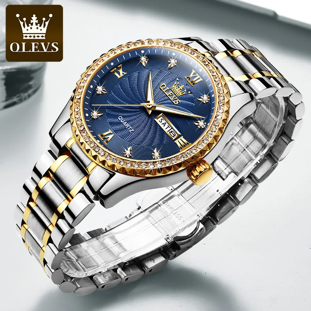 OLEVS 5565 Stainless Steel Strap Quartz Men Wristwatches Golden Diamond-encrusted Luxury Business Waterproof Watches for Men