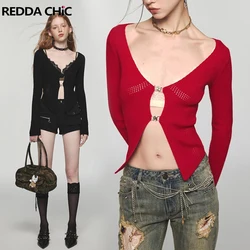 REDDACHiC Casual Solid Red V-neck Hollow Out Crop Top Rib Knit Long Sleeves Tee Shirt Slim Fit Shrug Cardigan Y2k Streetwear